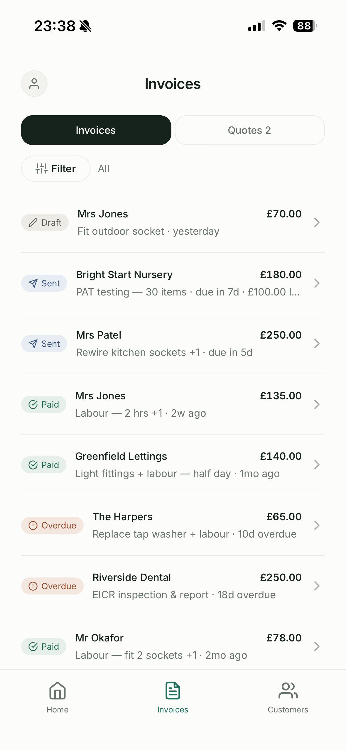 The invoices list with status filters